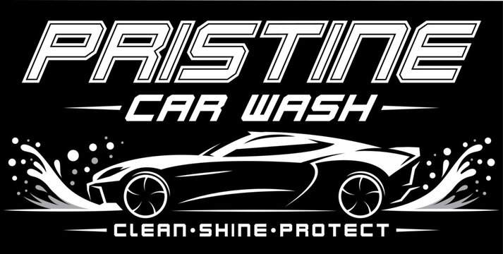 Monochrome Automotive Detailing Service Emblem with Sleek Supercar Silhouette and Dynamic Water Splash Graphic Elements on Dark Field.