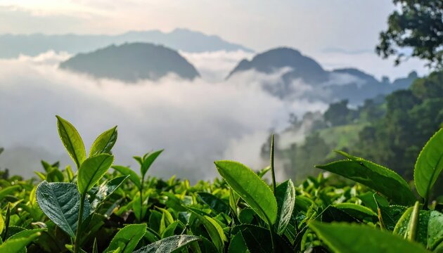 Dewy tea leaves overlooking a foggy mountain landscape