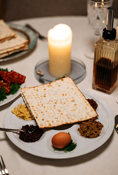 Jewish Holiday Passover Feast Concept Seder Plate Layout with Matzo Flatbread Boiled Egg Maror Candlelight Table Setting Festive Background