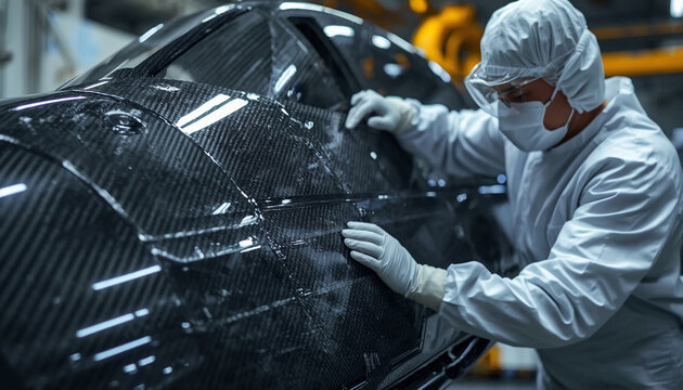 Aerospace manufacturing technician in protective cleanroom suit applying carbon fiber composite sheet on mold
