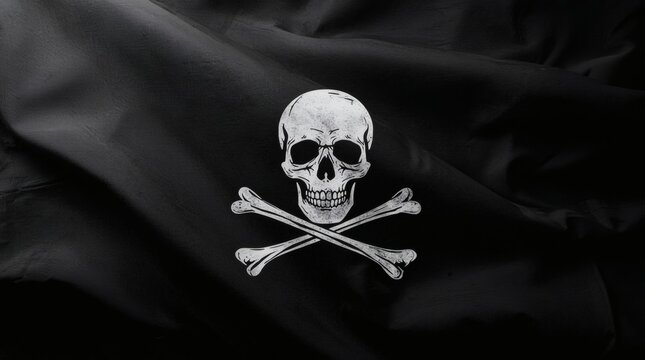 Classic Jolly Roger pirate flag waving with skull and crossbones symbol