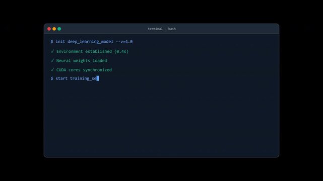 High resolution 4K animation of a modern dark mode terminal typing out an AI model training and deployment sequence optimized for 30fps rendering.