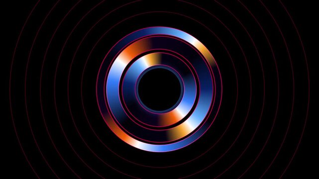 Abstract rotating metallic concentric rings with glowing blue and gold gradients surrounded by thin red circular lines on a black background