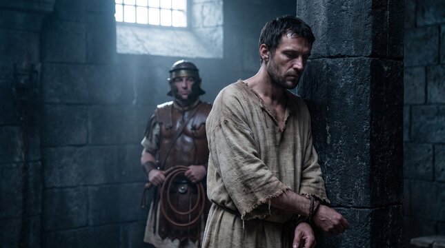Apostle Paul with wrists bound in rope leaning on stone pillar as Roman guard holds whip, Book of Acts New Testament biblical prison scene.