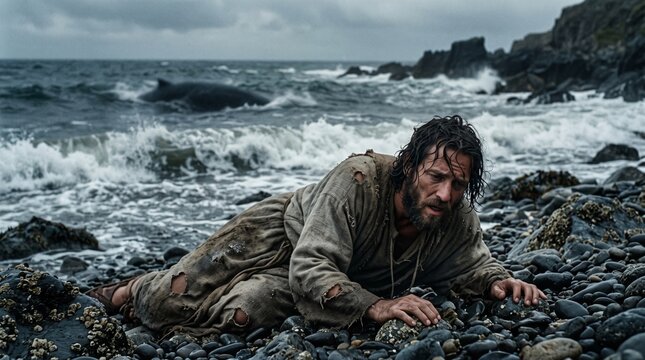 Prophet Jonah crawling onto rocky seashore as the great fish swims away in rough waves, Jonah and the Whale Old Testament biblical scene.