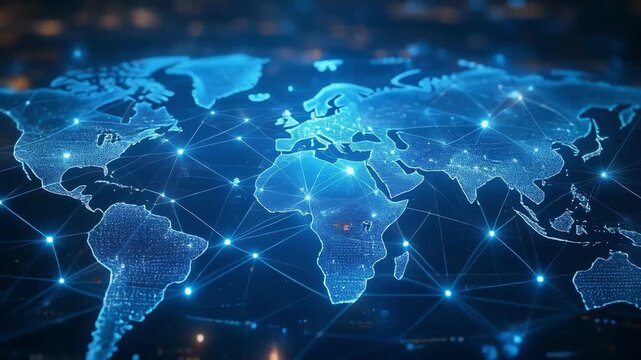 Global network connections glowing on digital world map with cinematic motion during night
