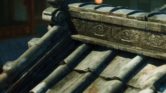 A close view of roof tiles on an old building located in a historic area. The tiles are arranged in a row, showing wear and texture from time and weather.