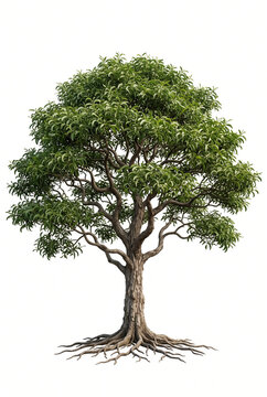Mature Koa Acacia tree, broad spreading canopy with distinctive curved branches and dense foliage, rugged trunk, exposed roots, full tree visible, 23 ratio, isolated on seamless pure white background