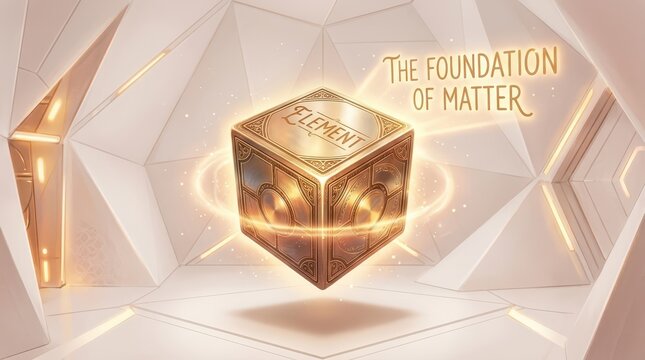 Mysterious Golden Cube 'Element' Levitating in Futuristic Geometric Structure, Symbolizing Foundation of Matter