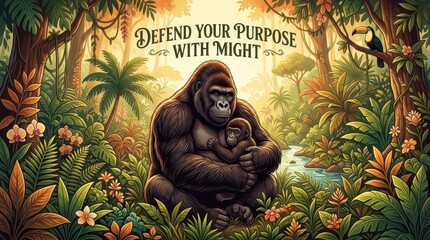 Naklejka premium Majestic Mother Gorilla Hugs Her Baby in Lush Tropical Rainforest, Defend Your Purpose Message