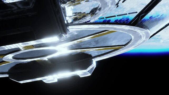 A spaceship moves through deep space, with bright edges and a detailed design. Stars can be seen in the background, creating a sense of vastness and exploration.