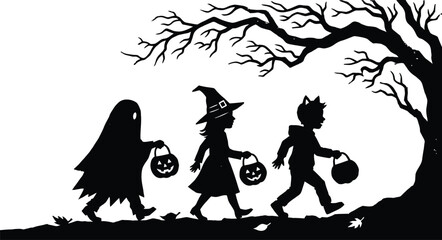 Fototapeta premium Halloween trick or treaters walking with baskets under a spooky tree silhouette