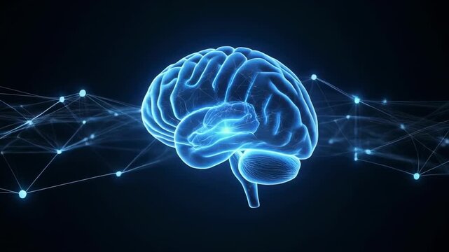 Glowing neural network brains in motion against a dark background symbolizing cognition and interconnectedness