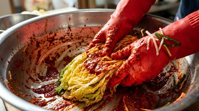 KimchiMaking-VibrantRed-CabbageRubber-FoodPreparation-Background