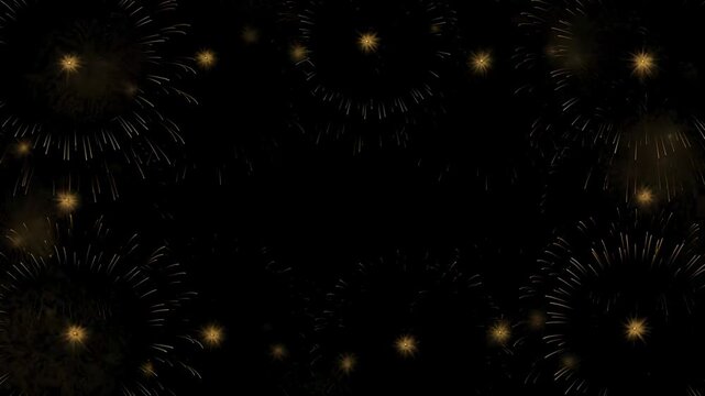 Golden fireworks burst in festive celebration frames during night against black background