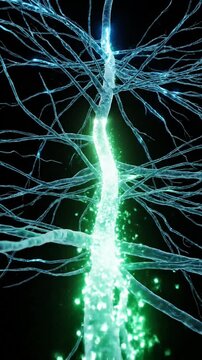 Abstract glowing neuron transmitting electrical impulse along axon with branching dendrites in dark background