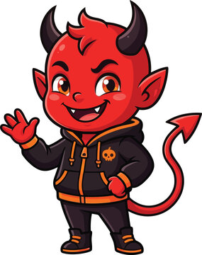Cute cartoon devil waving hello isolated on white background silhouette