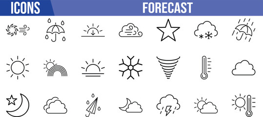 Fototapeta premium Weather forecast outline vector icons. sun icon set, cloud icon set, umbrella icon set