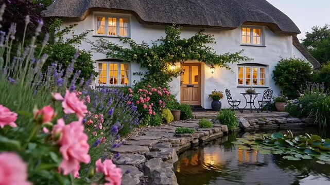Idyllic Thatched Cottage Surrounded by Blooming Garden and Serene Pond Reflections
