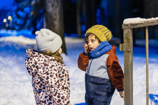 Children communicating on smartphone in winter park night