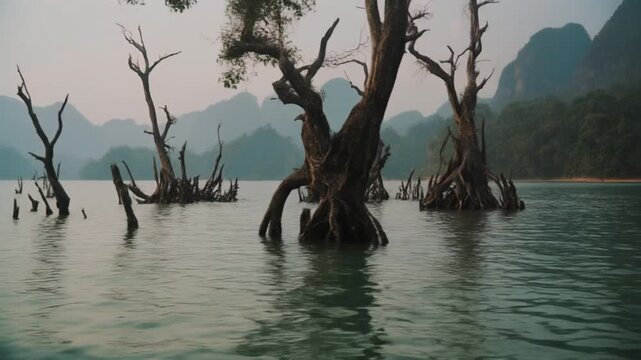 Dead trees rising from the calm khao sok lake during morning mist