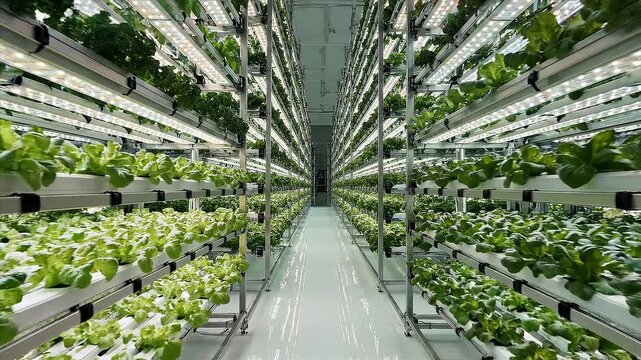 Modern indoor vertical farm facility with multi-tier hydroponic system growing fresh green lettuce under bright LED lights for sustainable agriculture and food production