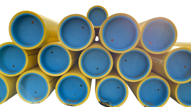 stack of yellow 40 foot pipes with blue protective end caps Isolated on transparent background 