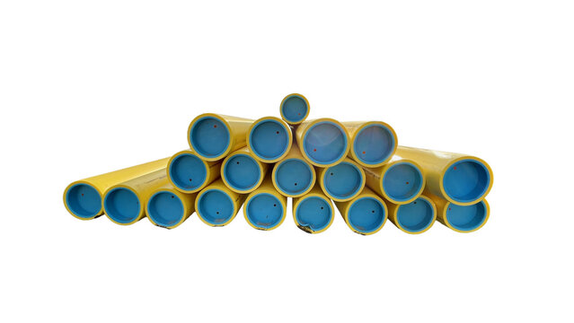 stack of yellow 40 foot pipes with blue protective end caps Isolated on transparent background 