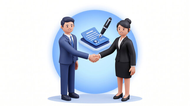 3D cartoon business people shaking hands in front of signed contract