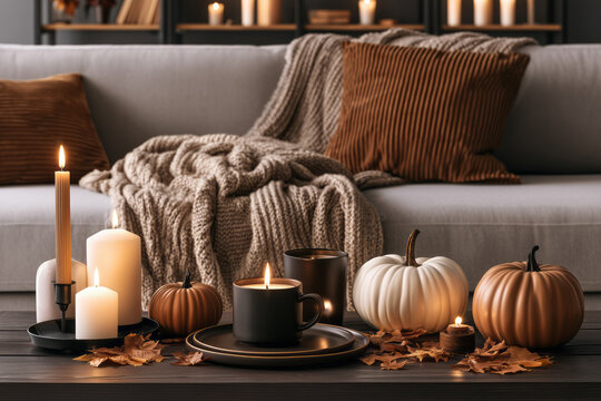 An autumn still life with decorative pumpkins, dry leaves, and burning candles.