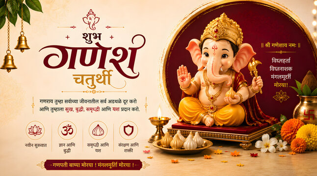Marathi Ganesh Chaturthi Greeting Poster with Lord Ganesha, Traditional Decorations and Modaks