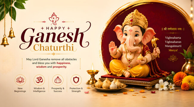 Happy Ganesh Chaturthi Festival Greeting Banner with Lord Ganesha, Modaks and Diya