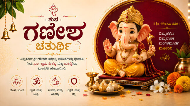 Kannada Ganesh Chaturthi Festival Greeting Banner with Lord Ganesha and Traditional Indian Decorations