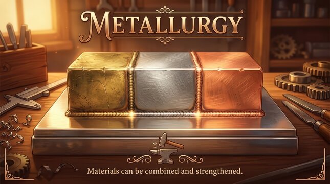 Metallurgy Concept: Three Metal Ingots (Gold, Silver, Copper) Fused Together on a Workbench with Tools, Illustrating Material Science and Craftsmanshi