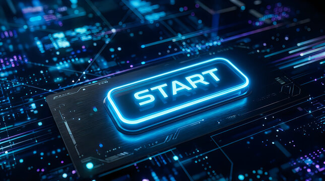 Glowing start button on a circuit board background representing technology and innovation