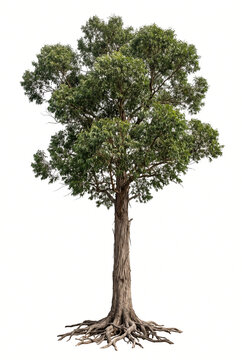 Mature Messmate eucalyptus tree, tall textured trunk with dense green canopy and strong exposed roots, full tree visible, 23 ratio, isolated on seamless pure white background