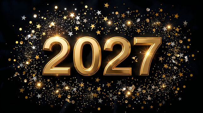 Golden new year two thousand twenty seven celebration with sparkling fireworks display