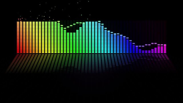 Colorful rainbow audio equalizer frequency bars bouncing dynamically on a reflective floor with glowing particles against a black background
