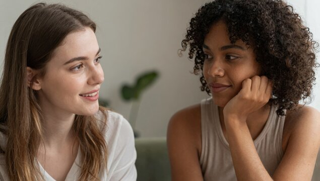 Two diverse young women sitting side by side and smiling during a relaxed friendly conversation at home