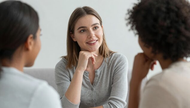 Cheerful young woman in a grey cardigan chatting with two female friends during a relaxed group conversation in a bright living room