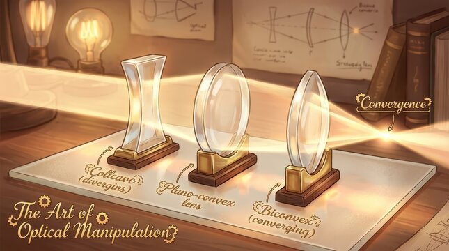 Optical Lenses Demonstrating Light Refraction and Convergence with Vintage Lightbulbs and Diagrams