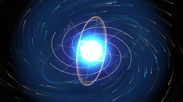 Glowing atomic nucleus model with swirling blue and gold particle orbits on black background symbolizing quantum physics and nuclear fusion energy