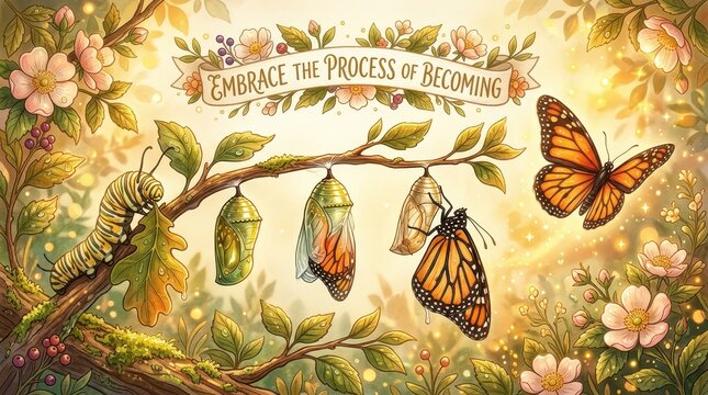 Metamorphosis of a Monarch Butterfly: Caterpillar, Chrysalis, and Butterfly Illustrating Transformation and Growth