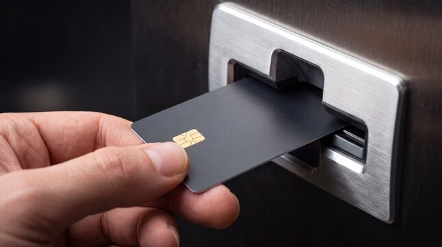 A hand inserting a plain black credit card into a metallic card reader slot, close-up shot ad social media download thambnail poster web template event festival 2026 2027 2028
