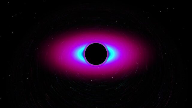 Glowing black hole in outer space with a vibrant pink and cyan accretion disk swirling around the event horizon against a starry background