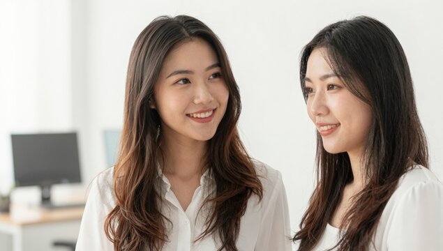 Two young Asian businesswomen in white blouses smiling at each other in a bright clean modern office