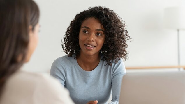 Young African American woman in a light blue top smiling and talking with a colleague across a laptop in a bright minimalist office