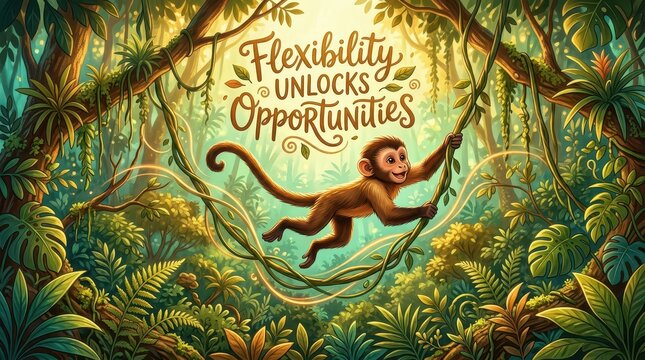 Playful monkey swinging on vines in a lush jungle, symbolizing flexibility and opportunities with inspirational text