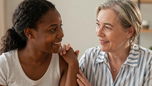 Smiling young African American woman and a senior woman sharing a warm supportive moment with a hand on the shoulder at home