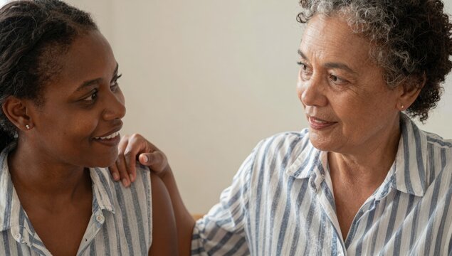 Smiling young woman resting a hand on the shoulder of a senior African American woman during a tender family conversation at home